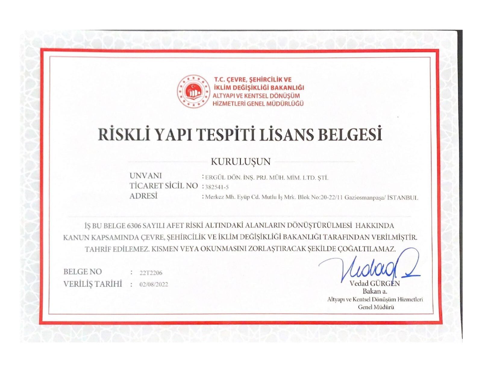 Riskli Yapı Tespiti Lisans Belgesi — T.C. Çevre, Şehircilik ve İklim Değişikliği Bakanlığı