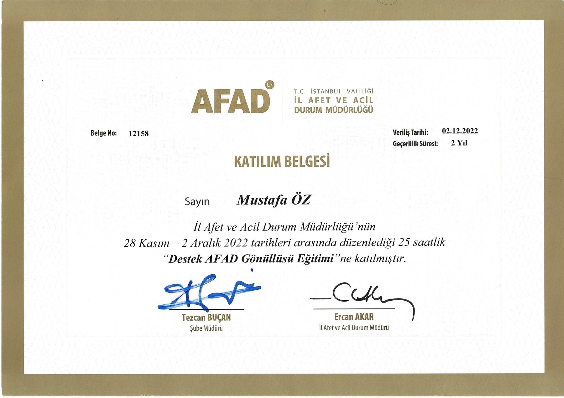 AFAD Katılım Belgesi — Afet ve Acil Durum Yönetimi Başkanlığı