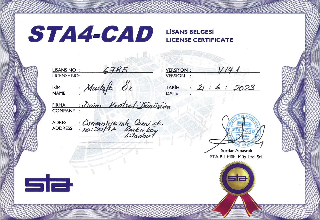STA4-CAD Lisans Belgesi — STA Bilgisayar Mühendislik