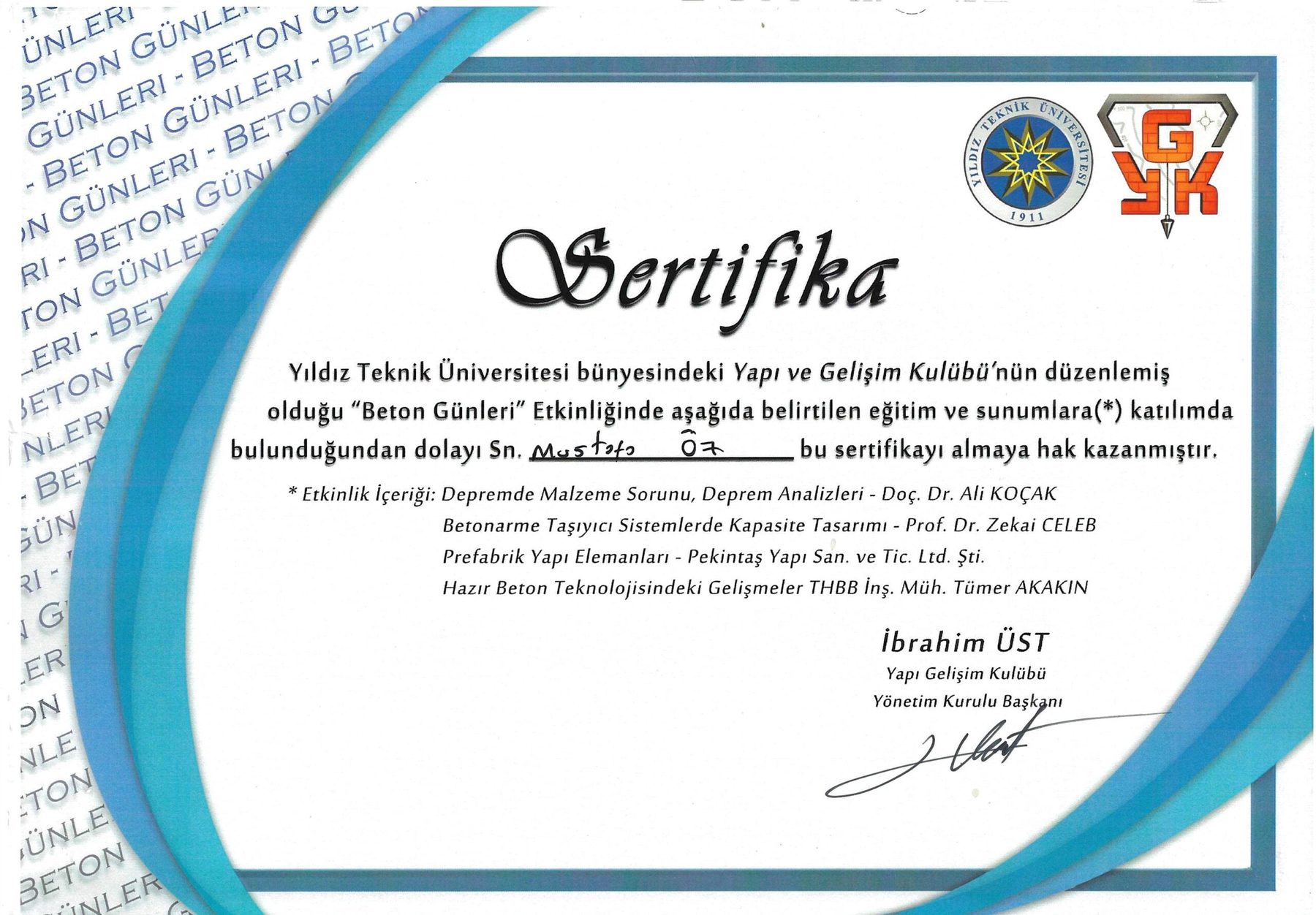 Beton Günleri Katılım Belgesi — Türkiye Hazır Beton Birliği