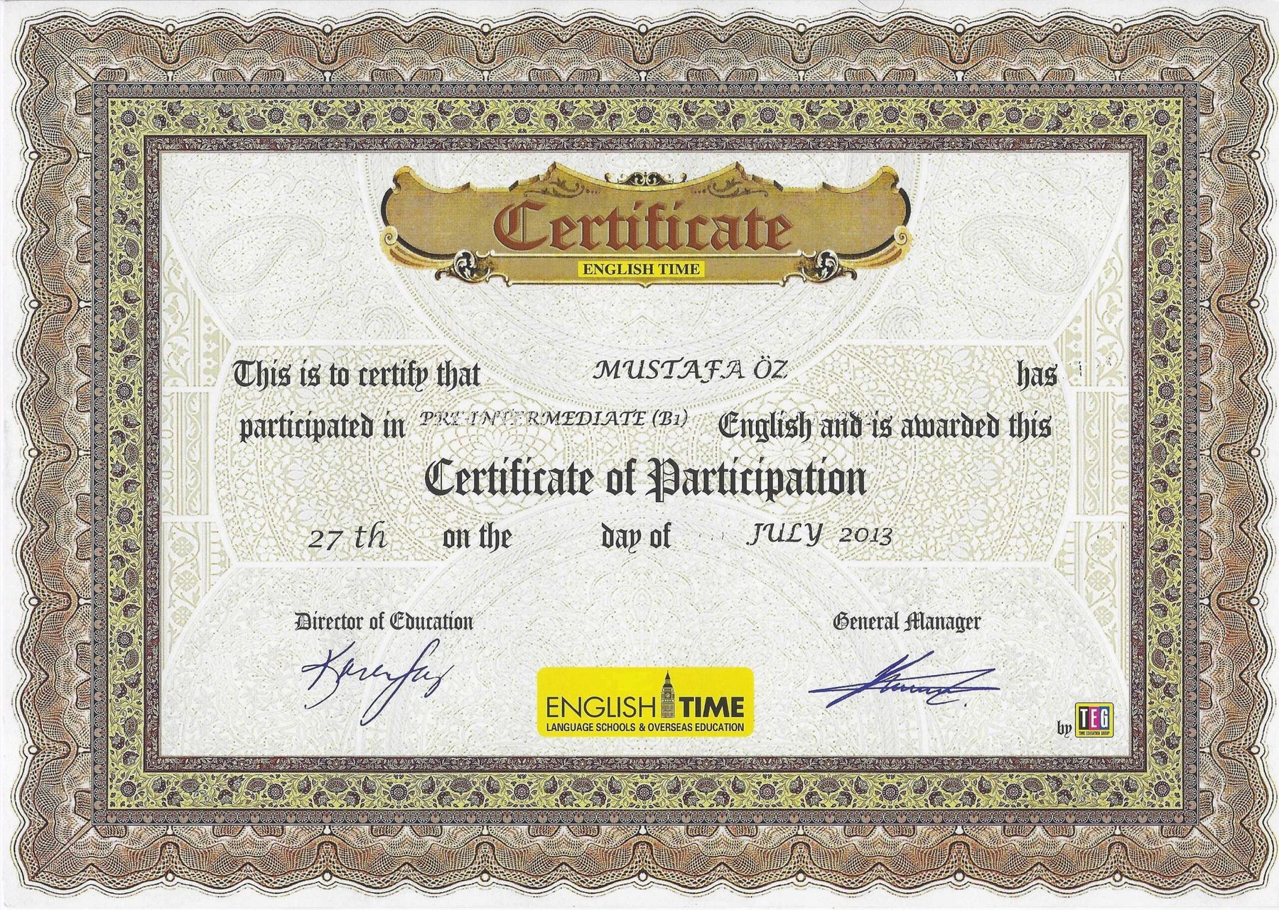English Time Kurs Sertifikası — English Time